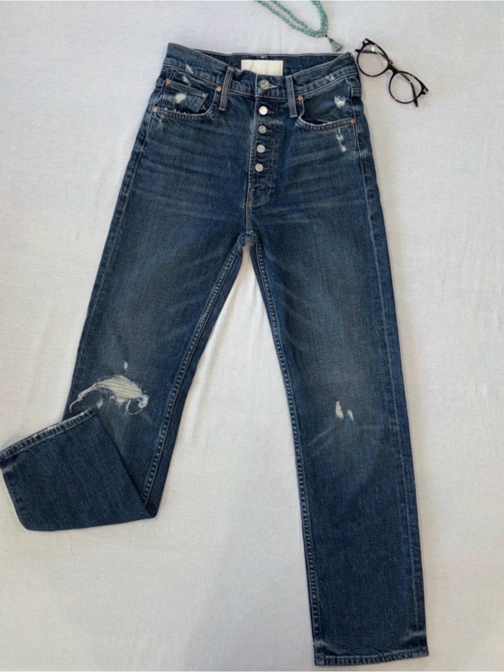 MOTHER The Pixie Tomcat Ankle Jeans | Size 24 | Button Fly Distressed Denim - Picture 2 of 8